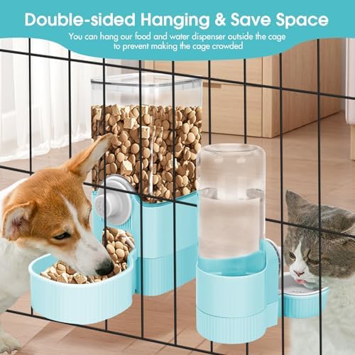 Hanging Cage Auto Small Pet Feeder Waterer Set for Puppy Cats, Blue