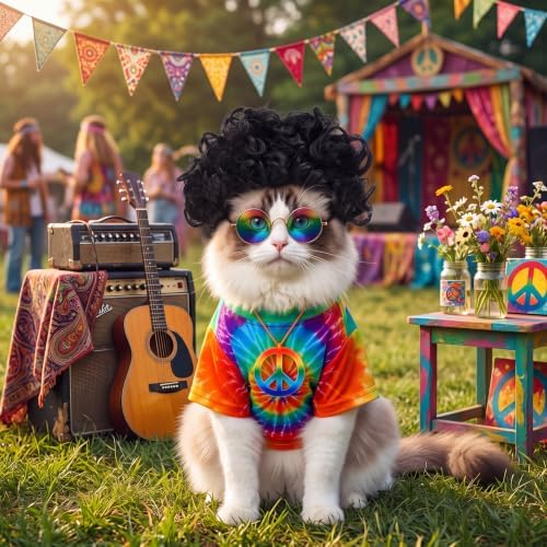 Kinlop 4 Pcs Hippie Dog Costume Halloween Pet Costume Accessories Includes 60s 70s Colorful Tie Dye T-Shirt Funky Wig Peace Sign Necklace and Sunglasses for Party Dress Up(S) - Image 5