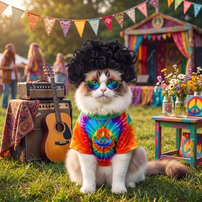 Kinlop 4 Pcs Hippie Dog Costume Halloween Pet Costume Accessories Includes 60s 70s Colorful Tie Dye T-Shirt Funky Wig Peace Sign Necklace and Sunglasses for Party Dress Up(S) - Image 5