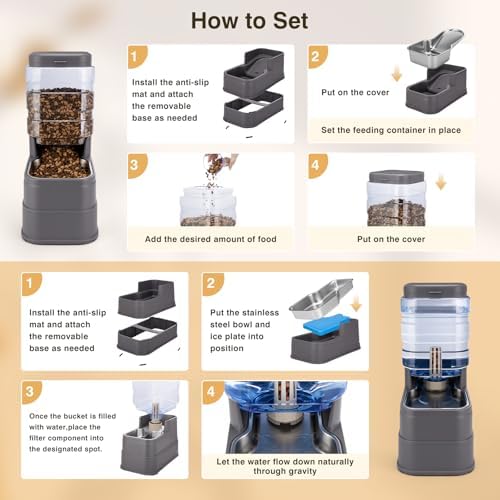 Pawzone 2 Pack Automatic Cat Feeder and Water Dispenser 1.3 Gallon Dog Gravity Food Feeder and Water with Ice Pack Stainless Steel Dry Food and Water Bowl for Small Medium Large Pets (Grey)