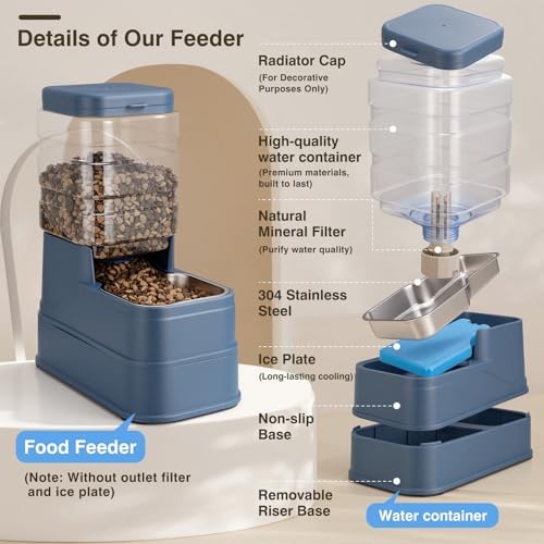 2 Pack Automatic Cat Feeder and Water Dispenser 1.3Gallon Dog Gravity Food Feeder and Water with Ice Pack Stainless Steel Dry Food and Waterer Bowl for Small Medium Large Pets (Blue)