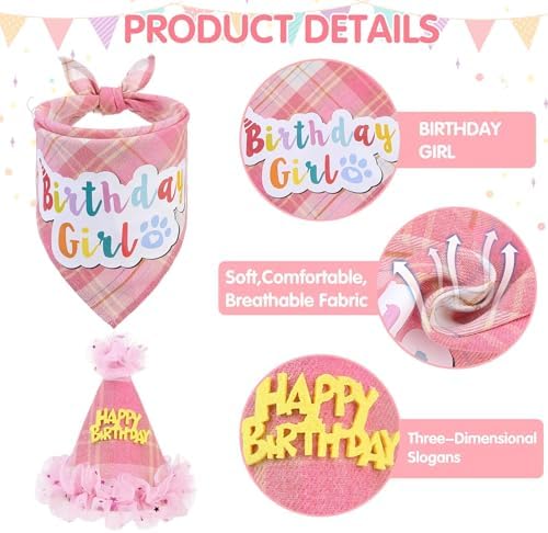 SCENEREAL Dog Birthday Bandana Hat with Dress Girl Set Party Supplies Plaid Puppy Birthday Outfit Cute Dog Tutus for Small Medium Lage Dogs, Pink Plaid - Image 3