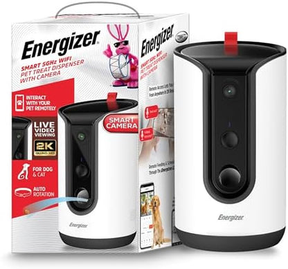 Energizer Smart Pet Treater with 2K Video Camera, 2-Way Audio, Night Vision, 5 Ghz & 2.4 Ghz Dual Band Wi-Fi, Motion Tracking, Recorded Messages, Dogs & Cats Remote Feeding, Cloud/MicroSD Card Storage