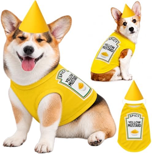 2 Pcs Halloween Dog Costume Set 3XL Yellow Mustard Themed Pet Outfit with Matching Cone Hat Sleeveless Printed Tank Top for Medium Dogs Holiday Party Dress Up by Unknown