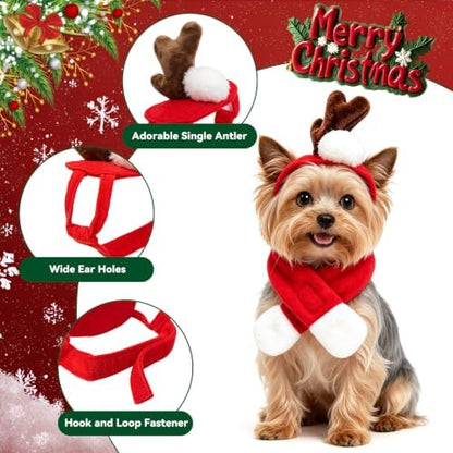 Cat Christmas Costume, Small Dogs Reindeer Antler with Red Santa Scarf, Xmas Single Reindeer Scarves Outfits for Kitten Puppy Rabbit, Adjustable Cat Elk Antler Christmas Decoration, Red - Image 4