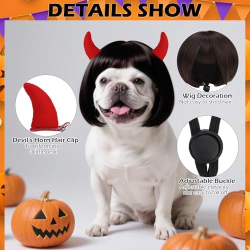 EXPAWLORER Funny Doggie Wig, 2 Pack Cosplay Dog Costume with Devil Hair Clip, Adjustable Headwear Dress Up Holiday Apparel for Party for Small Medium Large Dogs Puppies Cats(Brown Straight) - Image 3