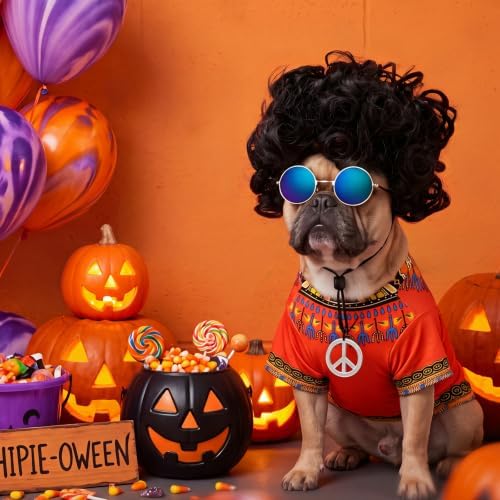 Kinlop 4 Pcs Hippie Dog Costume Halloween Pet Costume Accessories Includes 60s 70s African Dashiki T-Shirt Afro Wig Peace Sign Necklace and Sunglasses for Party Dress Up(M) - Image 6