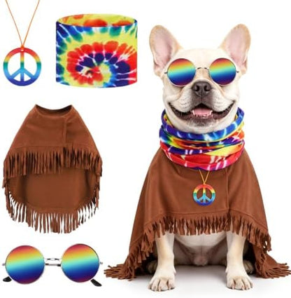 PAWCHIE Halloween Dog Hippie Costume Set 60s 70s, Pet Costume Accessories Includes Hippie Fringed Cape Scarf Glasses and Peace Necklace, Adjustable Boho Pet Outfit for Small Dogs Party Photo, Brown S by PAWCHIE