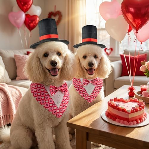Valentine’s Day Heart Pattern Dog Adjustable Tuxedo Pet Paw Pattern Puppy Collar with Black Top Hat Love-Themed Pet Costume Set for Cats Puppy Dog L - Image 2