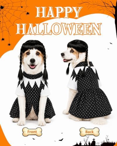 Dog Halloween Costume with Braided Wig, Vintage Printed Black Collar Dress for Small Medium Dogs, Creepy Doll Pet Cosplay Outfit, Spooky Gothic Party Apparel (11-44 lbs) - Image 2