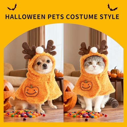 Dog Halloween Costumes Pumpkin Cloak with Antlers, Cute Pet Costumes for Small Dogs Cats, Soft Fluffy Dog Costume Cat Clothes for Halloween Party, Easy On/Off Puppy Outfit, L - Image 2
