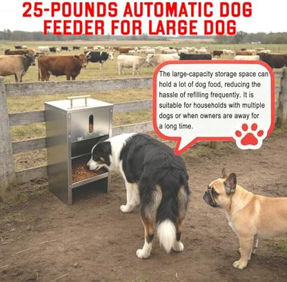 Dog Food Feeder for Kibble - Stainless Steel - Automatic Dog Feeder Large Breed 25LBs Outdoor Gravity Self Feeding for Medium, Large Dog Breeds, Pre-Installed Nuts for Easy Assembly