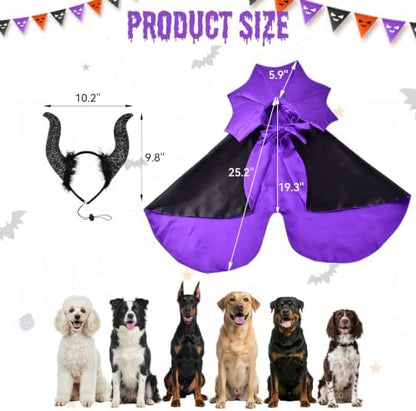 2 Pcs Dog Halloween Costume Set Cat Witch Vampire Cape Devil Horns Hat Holiday Clothes for Cat Puppy Halloween Party Pet Outfits (Purple) XL - Image 2