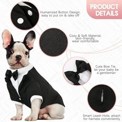 Kuoser Dog Tuxedo, Formal Dog Costume with Bow Tie Pet Wedding Suit Party Birthday Outfit, Dogs Tux Soft Shirt for Valentines Christmas Halloween Graduation Cosplay, Black L - Image 3