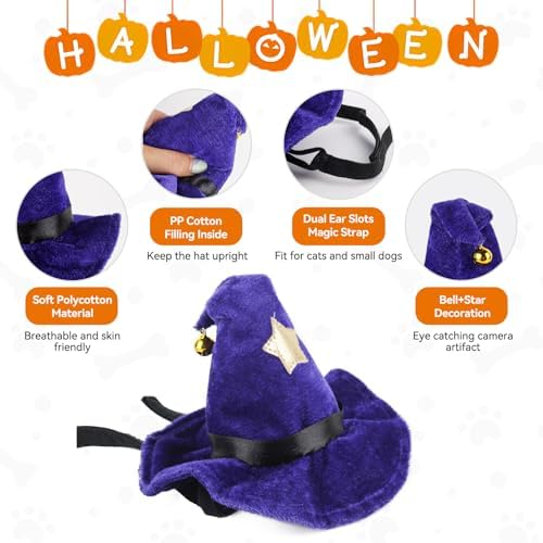 NAMSAN Pet Witch Costume for Cats Small Dogs Rabbits, Halloween Cat Wizard Hat, Small Dog Witch Hat, Halloween Cat Sorcerer Outfit for Holiday Party Cosplay Statue Decoration - Image 4
