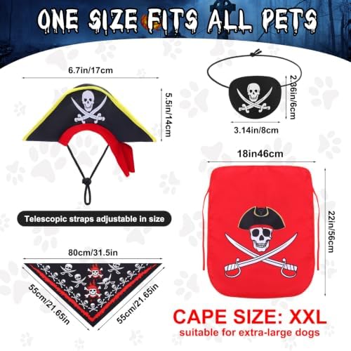 Huhumy 4 Pcs Dog Pirate Costume Hat Cape Bandana, Red, Double Extra Large - Image 2