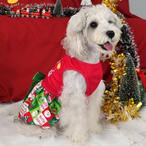 XPUDAC Dog Christmas Outfit Dog Dress Holiday Puppy Clothes for Small Dogs Girl, Pet Costume Cat Outfits Green Red-M - Image 4