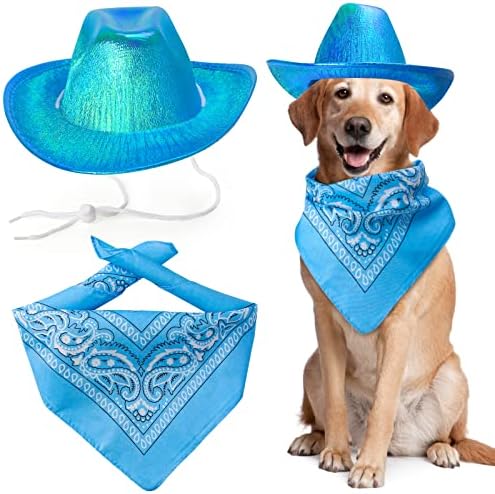 Yewong Pet Neon Sparkly Glitter Space Cowboy Hat Costume Set Dog Cat Metallic Space Shiny Cowboy Hats with Paisley Bandana West Cowboy Accessories for Pets (Metallic Blue) One Size by Yewong