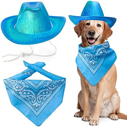 Yewong Pet Neon Sparkly Glitter Space Cowboy Hat Costume Set Dog Cat Metallic Space Shiny Cowboy Hats with Paisley Bandana West Cowboy Accessories for Pets (Metallic Blue) One Size by Yewong