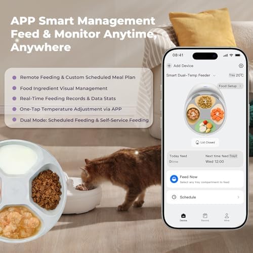 UBPET Smart Automatic Cat Feeder with Cooling & Heating, APP Control Dual-Temp Feeder for Wet/Dry/Raw Food, 24H Freshness, 4-Grid Tray, Anti-Pinch for Cats & Small Dogs (2-10kg)