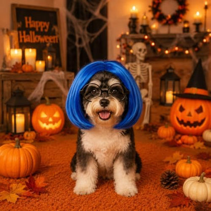 Dansydaisy 2 Pcs Halloween Sad Dog Costume Set Blue Bob Wig Round Glasses - Image 4