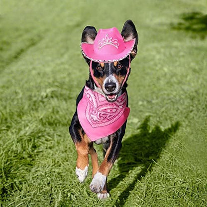 Yewong Pet Pink Cowboy Hat Costume Accessory Set Dog Cat Size Pink Cowgirl Princess Hat with Crown Tiara Bandana/Scarf for Cat Puppy Western Costume Daily Wearing Photo Props (Set A) - Image 6