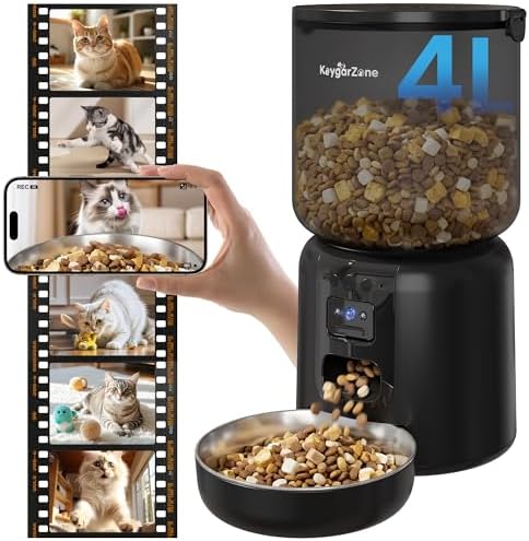 Fansafurn Automatic Cat Feeder with 2K HD Camera, Automatic Dog Feeder with App Control via 2.4G/5G WiFi, Dual Power System & Voice Recording, 4L Food Dispenser for Cats and Small Dogs, Black