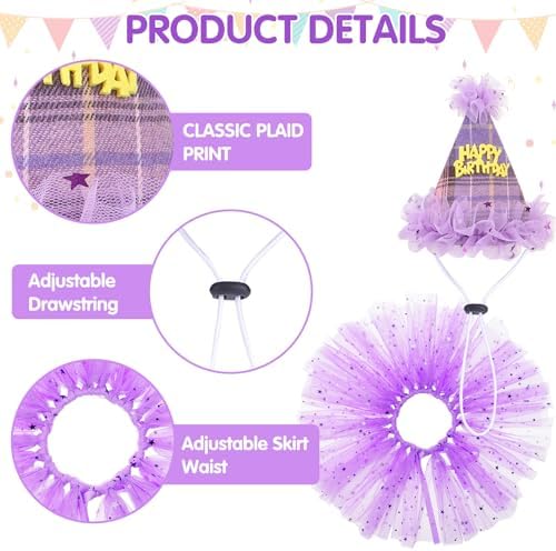 SCENEREAL Dog Birthday Bandana Hat with Dress Girl Set Party Supplies Plaid Puppy Birthday Outfit Cute Dog Tutus for Small Medium Lage Dogs, Purple Plaid - Image 4