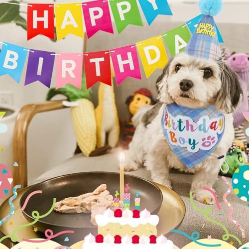 SCENEREAL Dog Birthday Bandana Hat Set, Puppy Birthday Party Supplies for Boys Dogs, Pet Birthday Scarf Outfit with Sign Banner and Balloons for Small Medium Large Dogs - Image 3