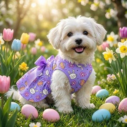 Easter Dog Dress Purple Bunny & Egg Pattern, Cute Spring Girl Puppy Skirt with Satin Bow, Soft Breathable Pet Clothes for Small Medium Dogs & Cats, Holiday Party Outfit Apparel - Image 4
