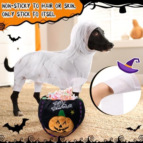 Amylove 5 Pcs Halloween Mummy Dog Costume 4 Bandage Wraps Pumpkin Bag - Image 5