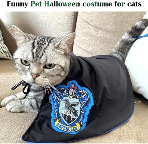 Dog Halloween Magician Costume Set, Cat Wizard Cloak with Hood, Tie & Glasses, Pet Cosplay Outfit for Halloween Party, Puppy Witch Costume for Small Dogs (Blue, Small) - Image 3