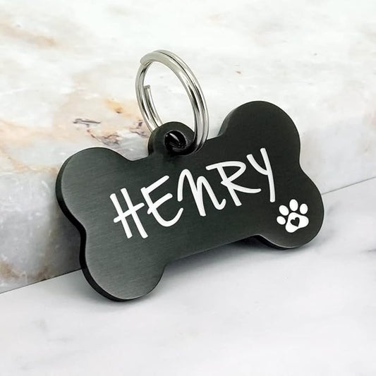 Ultra Joys Custom Personalized Pet ID Tag for Dogs, Brushed Stainless Steel Bone Dog Tag Black Small