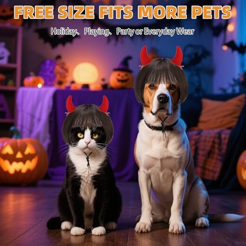 KOOLTAIL Dog Wig Costume,Funny Pet Wig with Devil Accessories Outfit for Small Medium Large Dogs Cats Unique Gift, Adjustable Fits Headwear Cosplay Dress up for Holiday Party Chirstmas Festival Gift - Image 3