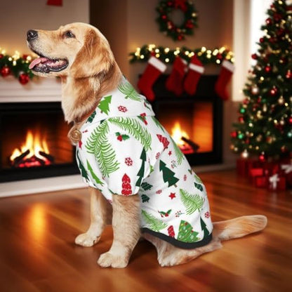 Christmas Dog Hoodie, White Tree Print, with Leash Hole - Image 5