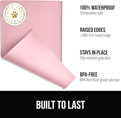 GORILLA GRIP 100% Waterproof Raised Edge BPA Free Silicone Pet Feeding Mat, Dog Cat Food Mats Contain Spills Protects Floors, Placemats for Cats and Dogs Water Bowl, Pets Accessories 32x24 Pink