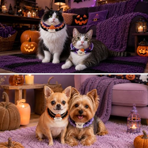 4 Pcs Halloween Cats Dogs Pets Crochets Handmade Collars Soft Wool Neck Collars Knitted Costume Photo Shoot Props Bibs for Multiple Family Matching Set (Cute Ghosts) - Image 4