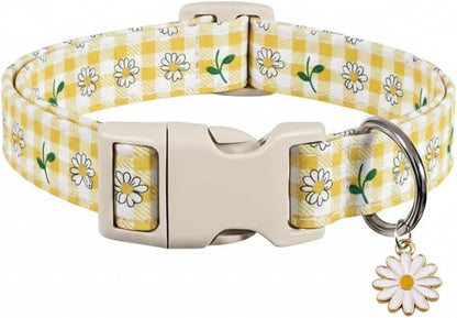 Cute Dog Collar, Yellow Plaid Dog Collar with White Floral Pattern, Spring Summer Design Floral Collar for Girls Boys Large Dogs