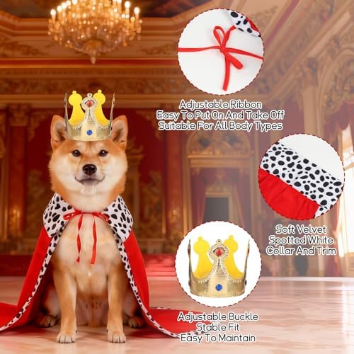 Dog King Cloak Costume, Halloween Dog King Costume, Adjustable Funny Pet Kings Cloak and Crown, Pet King Costumes for Halloween Christmas Cosplay King Cloak Cape for Dogs Cats (Medium) - Image 3