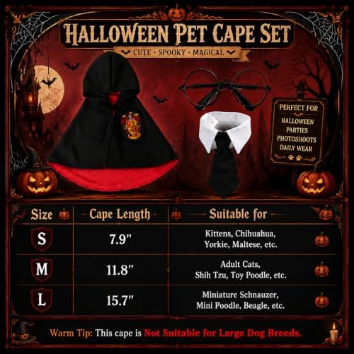 Small Dog Halloween Costumes - Adjustable Dog Wizard Costume,Pet Hooded Cape Glasses Necktie Set,Funny Halloween Costumes for Small Medium Dogs Boy Girl,Black Red Pet Magician Cosplay Outfits - Image 6