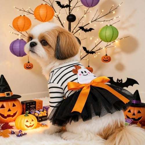 Dog Halloween Costume - Pumpkin Tutu Dress for Small Dogs & Puppies, Cute Holiday Pet Apparel with Bowtie, Fall Party Outfit L-elf Medium - Image 6