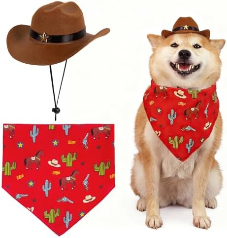 HOWWFALY Pet Cowboy Costume Set Dog Halloween Costumes Cat Cowboy Hat & Bandana Scarf for Small Medium Breeds(Red, Medium) by HOWWFALY