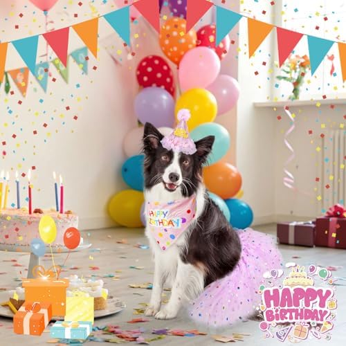 SCENEREAL Dog Birthday Bandana with Hat and Dress Girl Set, Large Dog Birthday Party Supplies, Cute Pink Tutu Skirt Outfit for Medium Large Dogs - Image 2