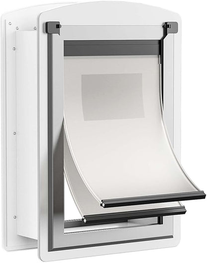 Cat Door for Wall, Energy Efficient Pet Door with Steel Frame, Telescoping Tunnel, Double Magnetic Flaps and Two Sliding Lock Panels, Easy to Install, Milky White, Small
