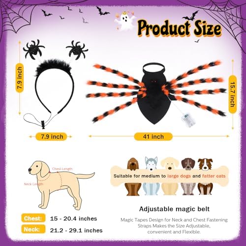 JaGely 2 Pcs Halloween Spider Dog Costume with LED Headband Body, Orange - Image 2