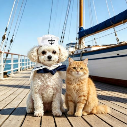 NAMSAN Pet Sailor Costume for Cats Small Dogs Rabbits, Halloween Cat Sailor Hat with Tie Collar, Small Dog Navy Hat Cape, Halloween Cat Sailor Outfit for Holiday Party Cosplay Statue Decoration - Image 2