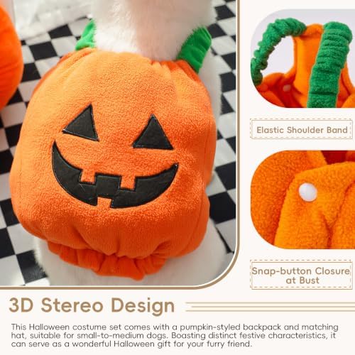 Dog Halloween Costume Pumpkin Outfit for Cats & Small Medium Dogs Plush Pumpkin Back Costume with Witch Hat Headwear Funny Cat Cosplay Apparel for Halloween Party L - Image 3