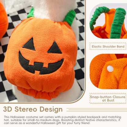 Dog Halloween Costume Pumpkin Outfit for Cats & Small Medium Dogs Plush Pumpkin Back Costume with Witch Hat Headwear Funny Cat Cosplay Apparel for Halloween Party L - Image 3