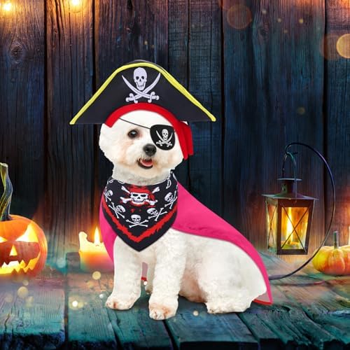 Huhumy 4 Pcs Dog Pirate Costume Hat Cape Bandana, Pink, Large - Image 5