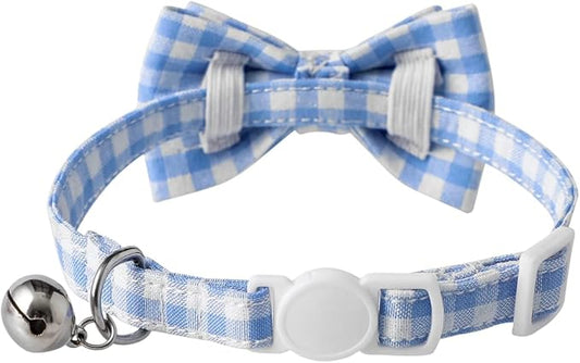 AIITLE Breakaway Cat Collar with Cute Bow Tie and Bell, Detachable Adjustable Safety Collars for Girl Cats and Boy Cats, Kittens, Puppy, Soft Stylish Plaid Patterns Cat Collars,Blue